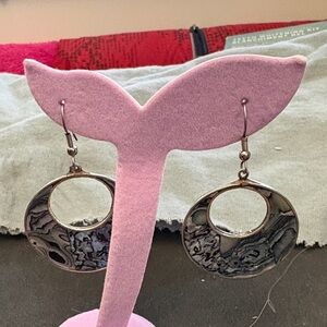 Vintage Alpaca Silver Mother Of Pearl Hoop Drop Earrings
